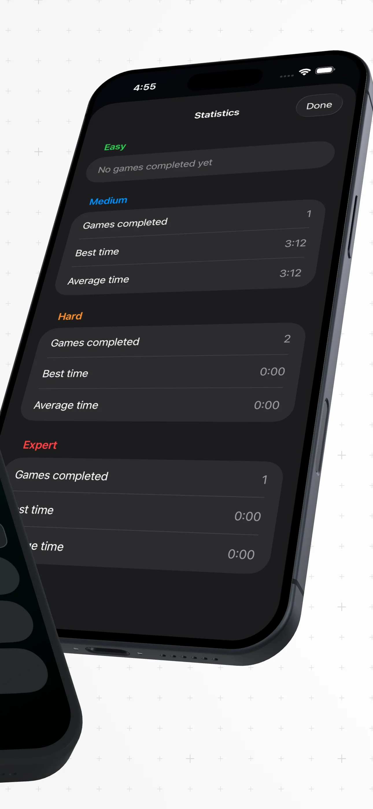 Kazuwa Sudoku - Angled view of statistics screen on iPhone